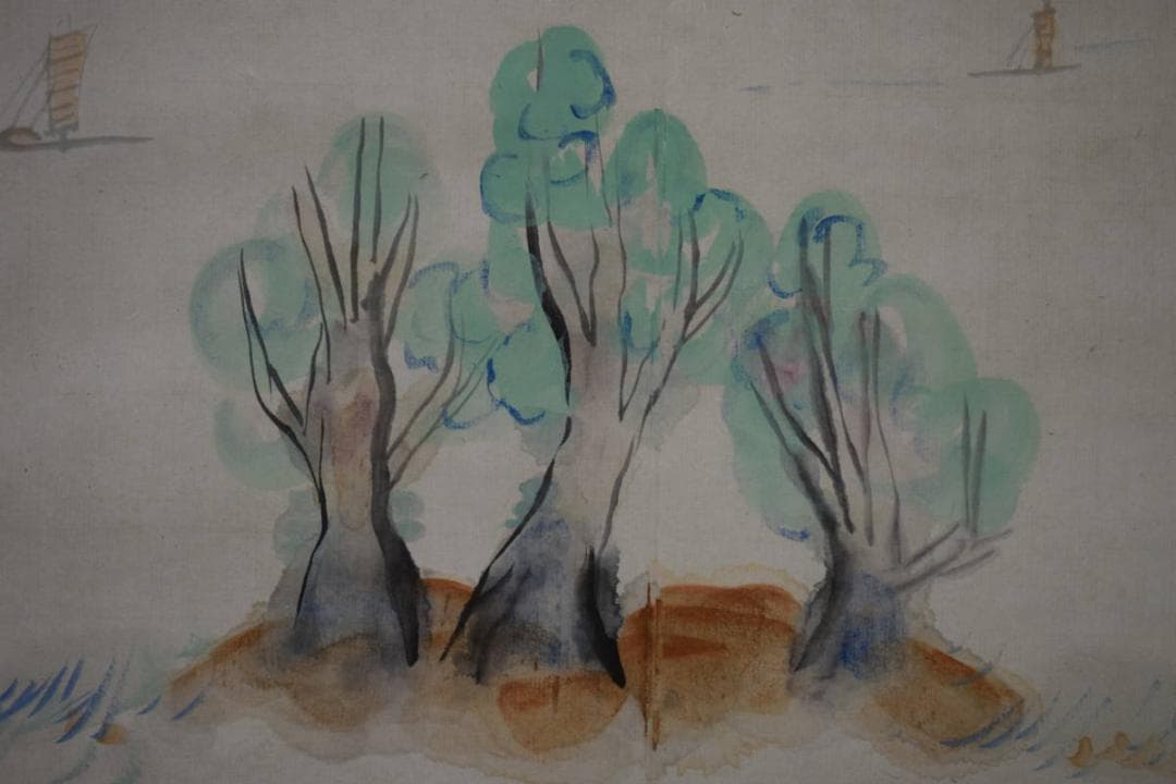 真作/松本仙挙/山水帆船図/布袋屋掛軸HJ-562