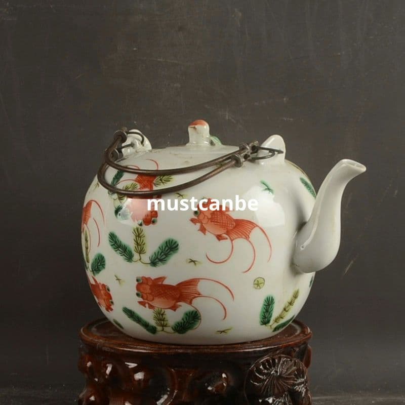 パステル魚藻紋支釘提梁壺 茶壺 茶道具 景徳鎮 陶磁器 装飾品 現代工芸品 置物