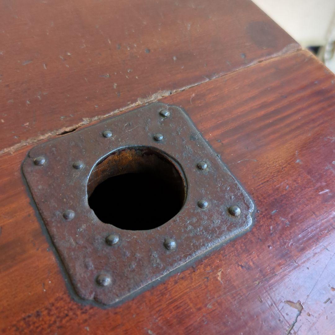 骨董 銭箱 木製 金具 物入 丁場 金庫 アンティーク 木箱 古道具 飾り金具