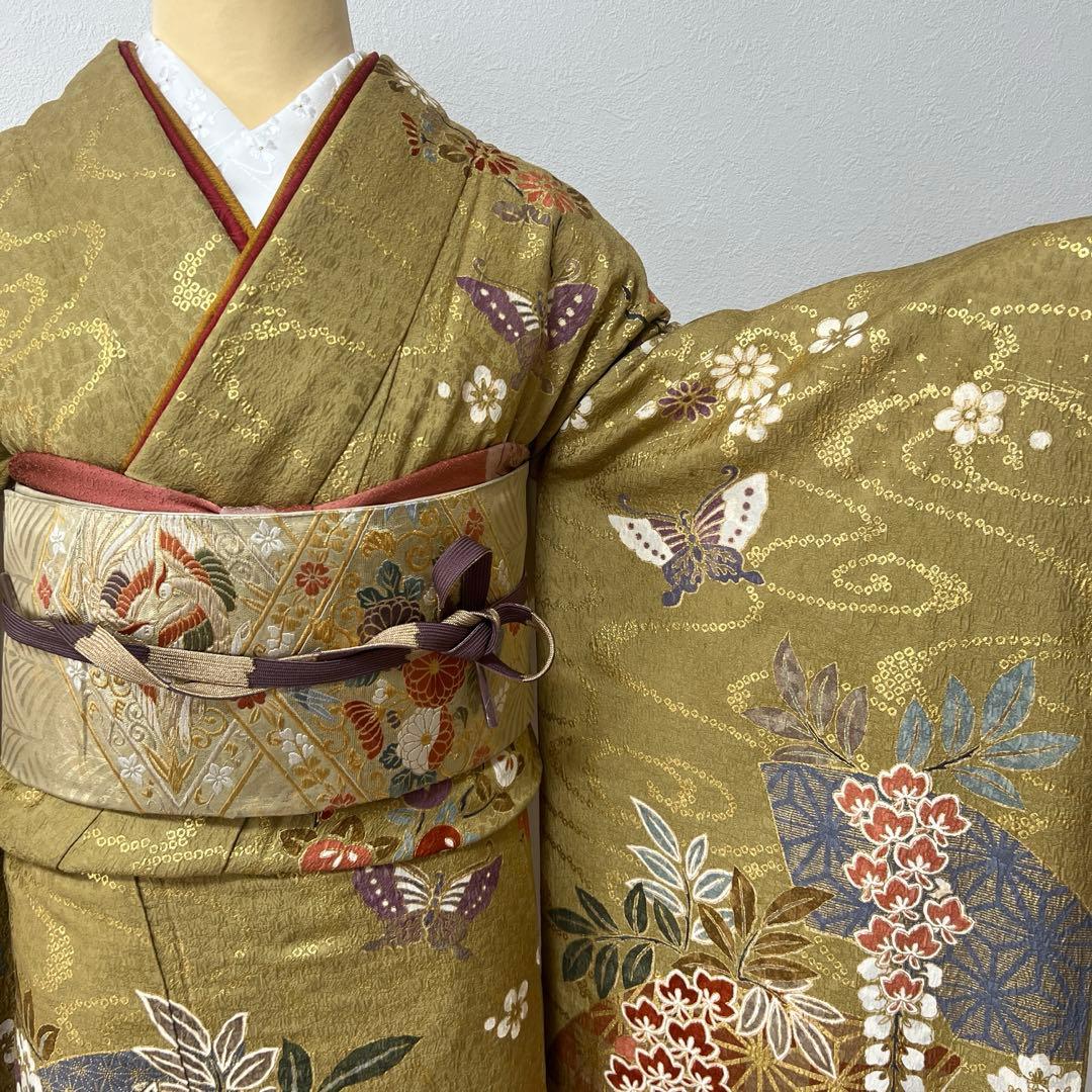 382 振袖フルセット 正絹 カーキ 茶 金彩 暈し染め 鈴乃屋 シック くすみ