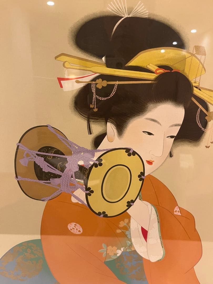 上村松園 鼓の音(複製画) 監修者承認烙印　額装