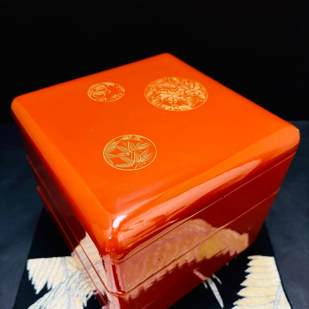 漆器　輪島塗　金蒔絵　木製　朱塗三段　重箱　共箱