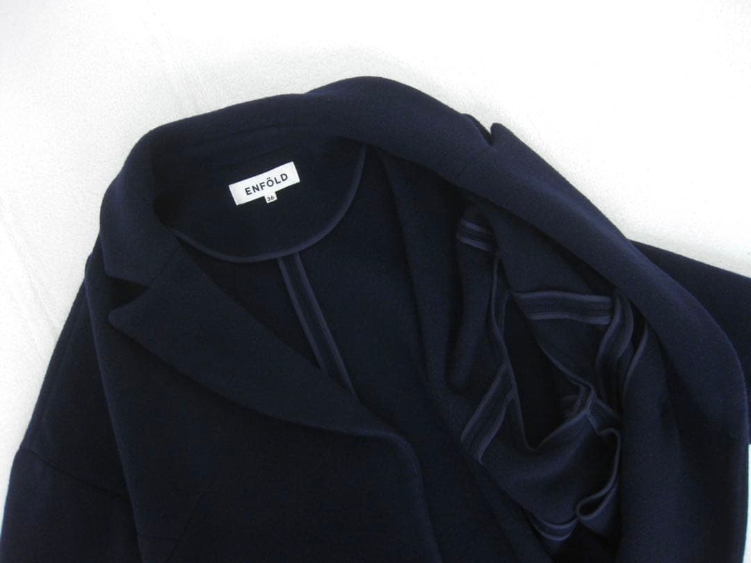 エンフォルドENFOLD ロングコート紺36ウール混 チェスターコート ゆったり