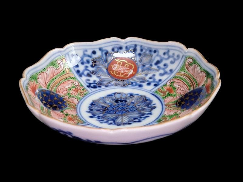 大聖寺伊万里　染錦　牡丹に唐草吉祥文の図　４寸皿　５枚　B178 AS-DAf