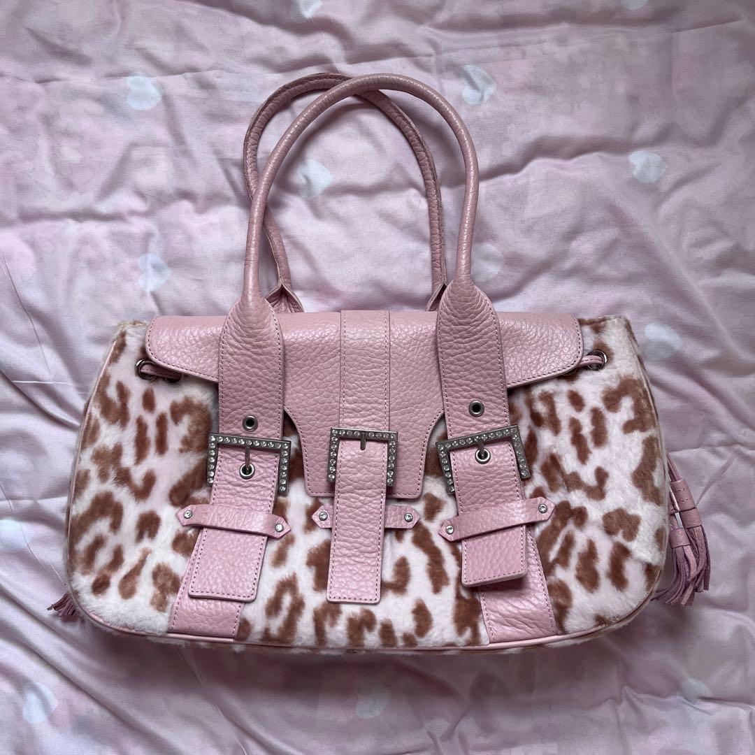 当時物 ピンクヒョウ柄ファー 姫ギャル平成y2kグランジラインストーンレオパード