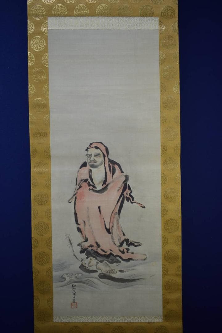 真作/狩野伊川院/達磨大師図/絹表装/桐極箱付/布袋屋掛軸HI-233