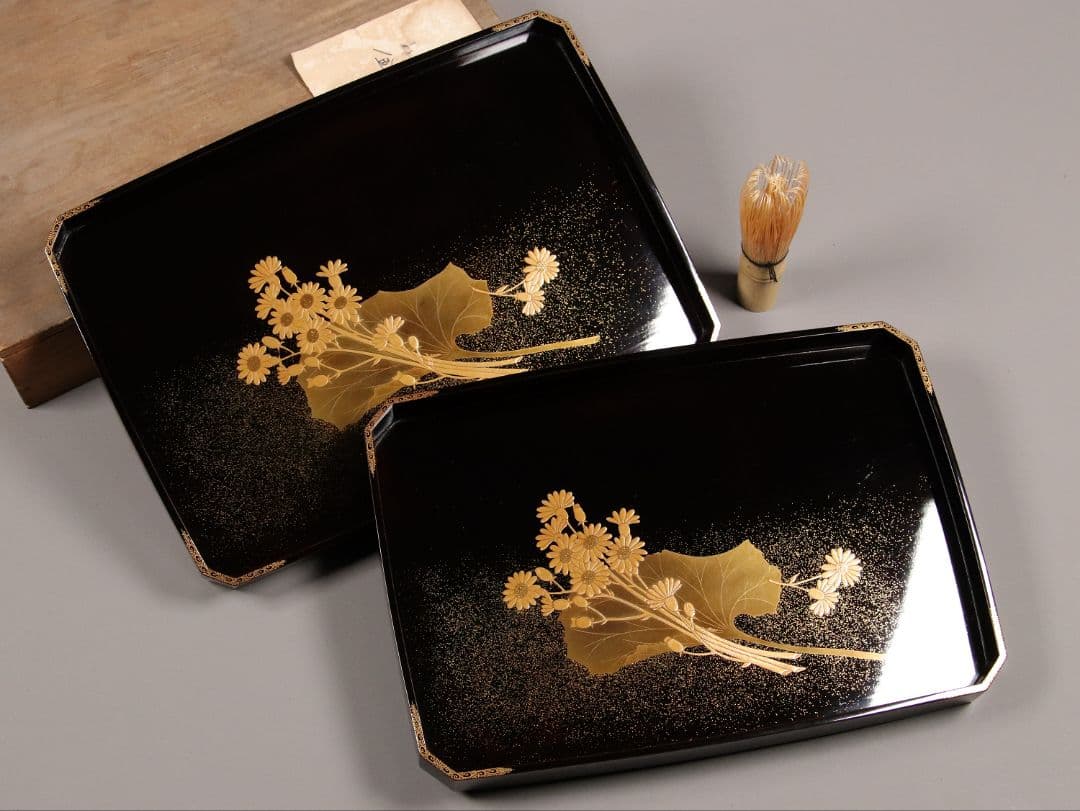 MA6 木製漆器 草花金蒔絵 黒塗 長方盆 大小一組 木箱入 切金 梨地 菊