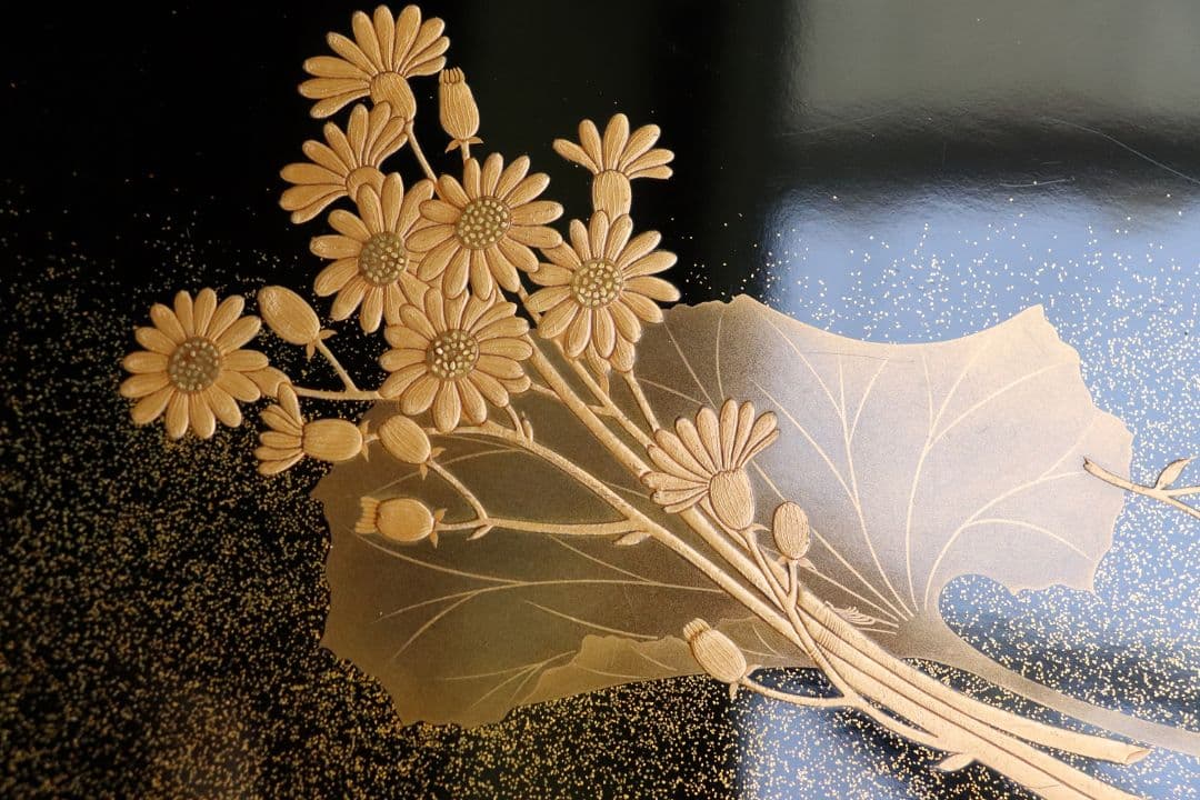 MA6 木製漆器 草花金蒔絵 黒塗 長方盆 大小一組 木箱入 切金 梨地 菊