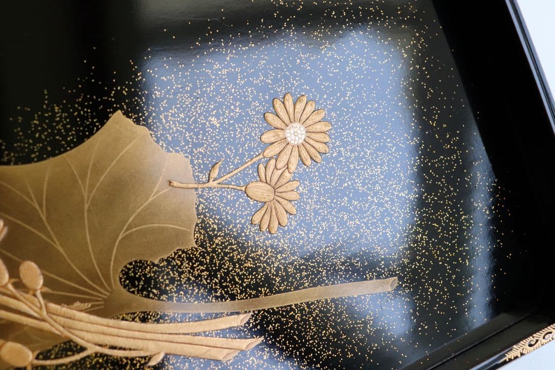 MA6 木製漆器 草花金蒔絵 黒塗 長方盆 大小一組 木箱入 切金 梨地 菊