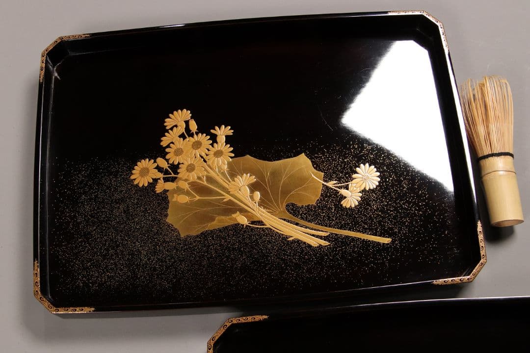 MA6 木製漆器 草花金蒔絵 黒塗 長方盆 大小一組 木箱入 切金 梨地 菊