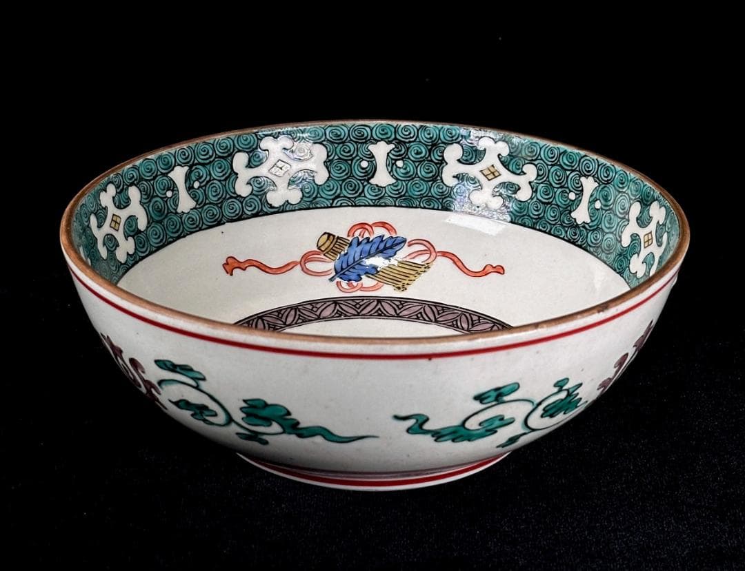 【九谷焼の名窯】 明治期　岩花堂製　青手　中鉢　直径21.5cm