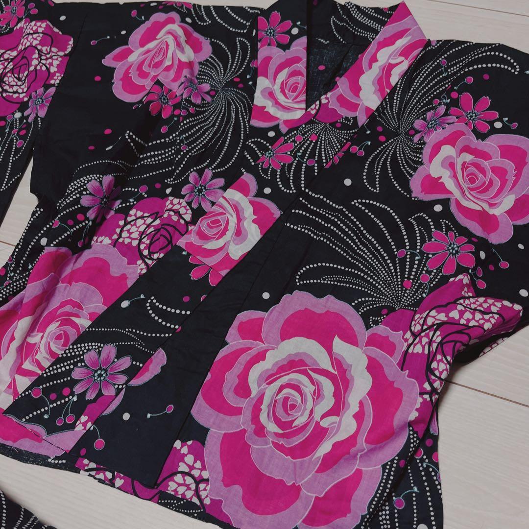 ドレス浴衣 　大人フリーサイズ　ハンドメイド　地雷　姫ギャル　バラ　ピンク