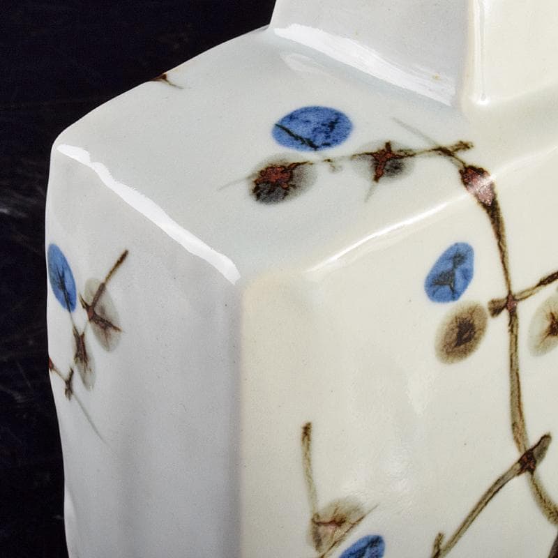 purinmama　人間国宝加藤卓男作白釉梅図　扁壷　共箱　M　R5120