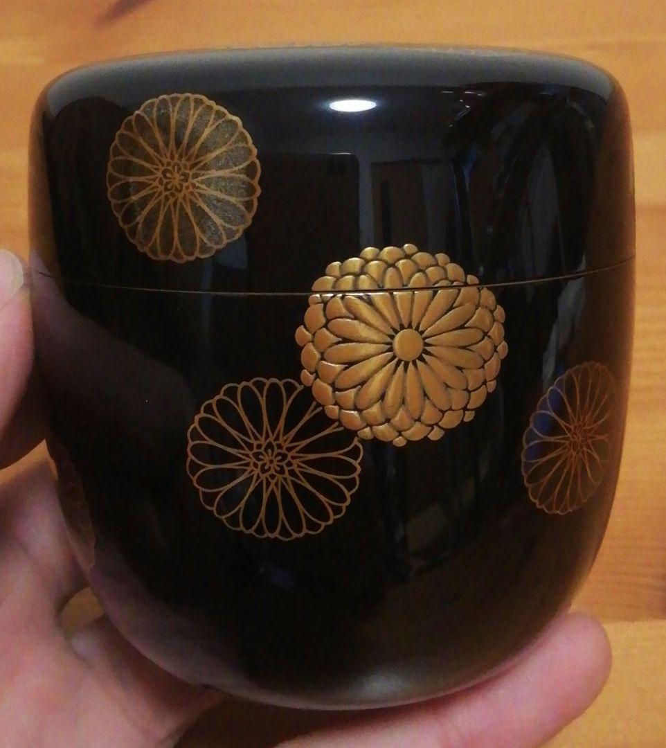 前端春斎作　粒菊　蒔絵　内銀　棗　共箱　茶道具