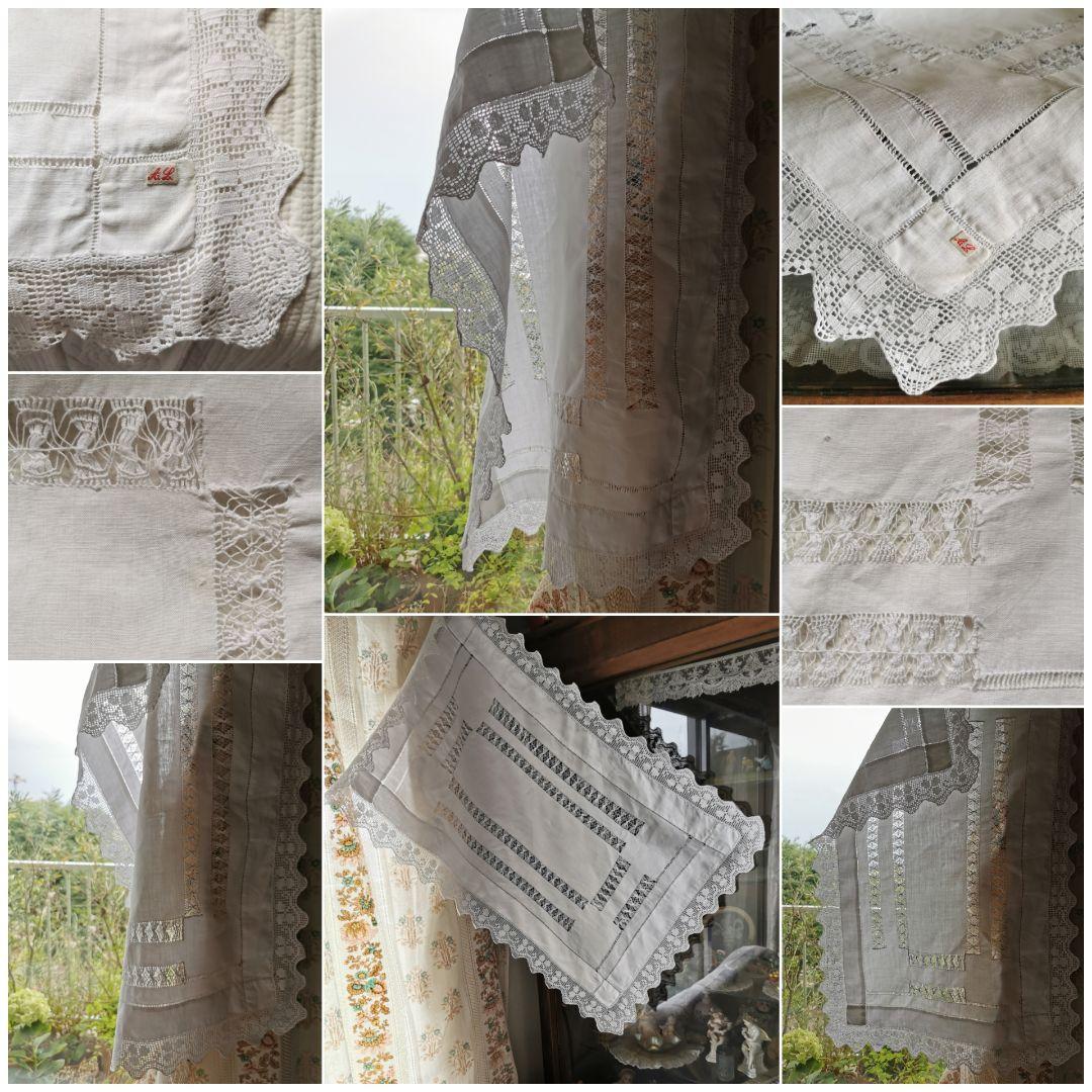 アンティークイギリス ドローンワークサバレース刺繍＆三つ葉のクロシェリネンクロス