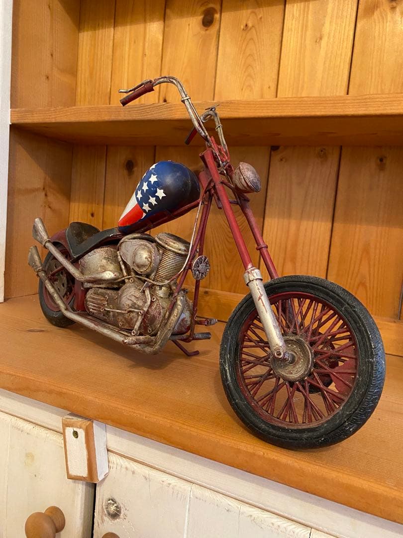 アンティークブリキ　ダメージ加工バイク模型ハーレー　星条旗柄