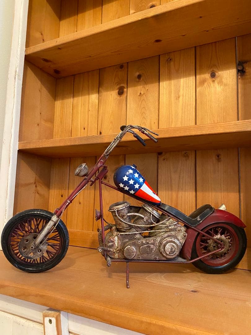 アンティークブリキ　ダメージ加工バイク模型ハーレー　星条旗柄