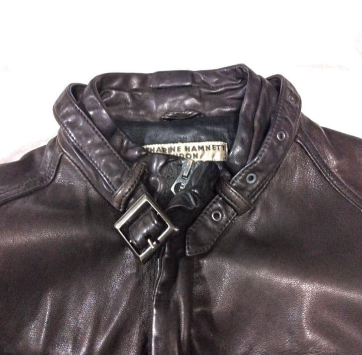 美品 キャサリン ハムネット ロンドン レザー 羊革 ジャケット ライダース 茶