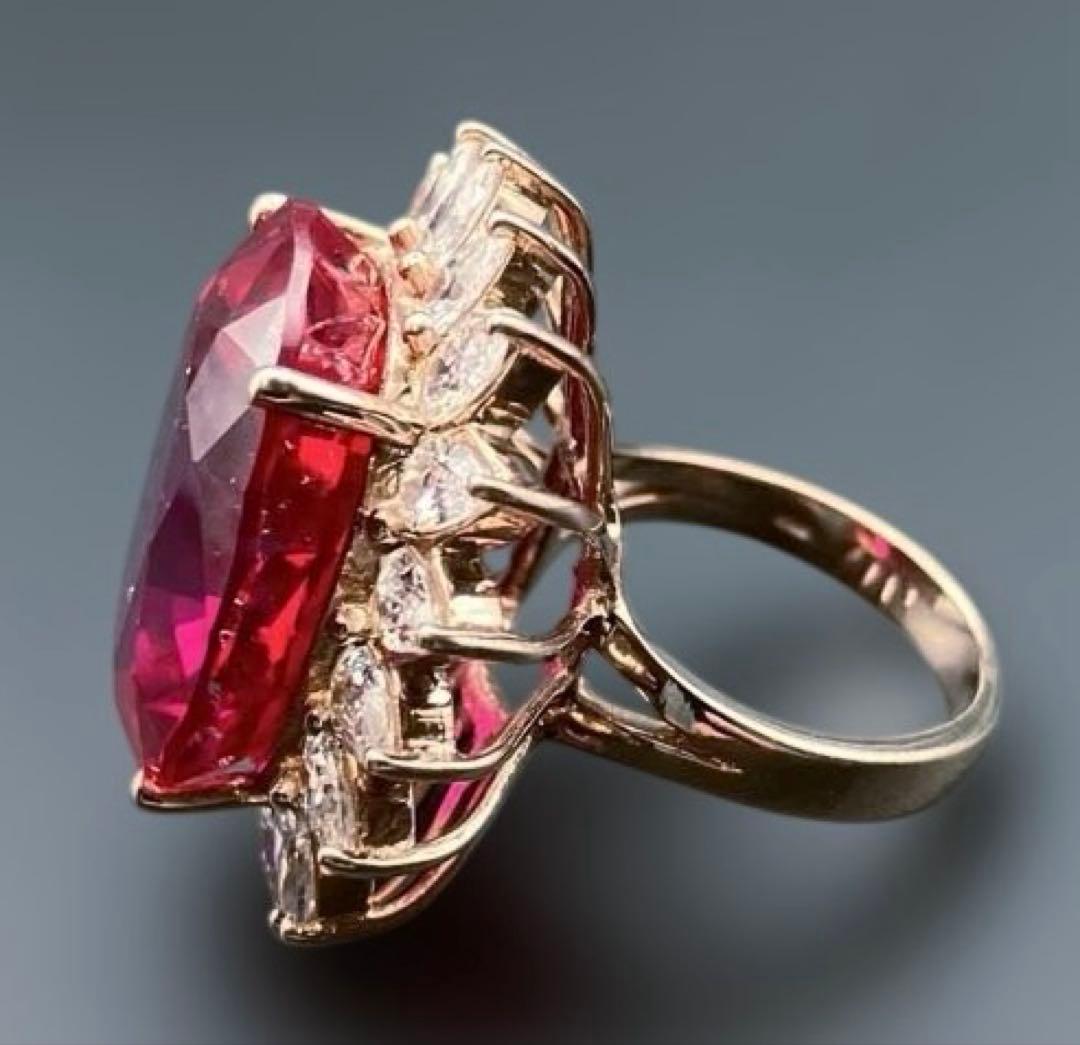 アフリカ産 天然ルベライト レッドトルマリン ホワイトサファイア36.3CT指輪