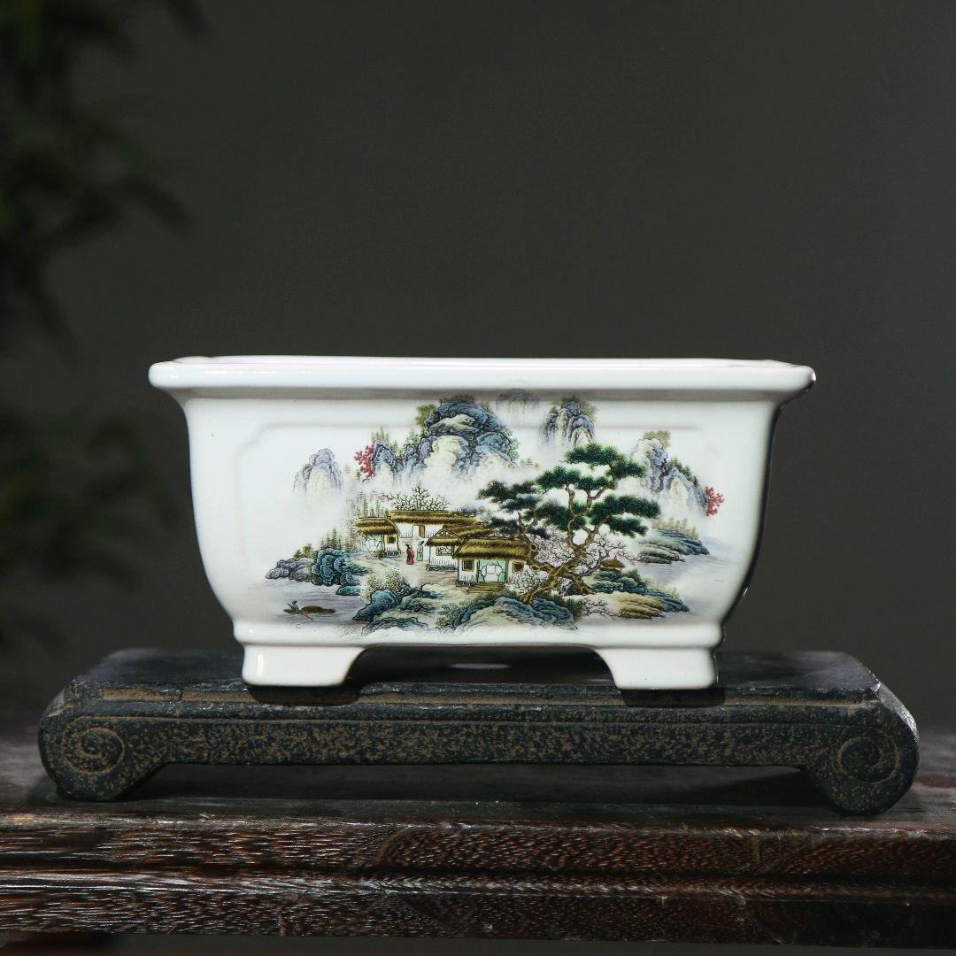 山水図陶器鉢 盆栽鉢 山野草鉢 多肉植物 植木鉢 小品大品盆栽鉢 陶器鉢置物