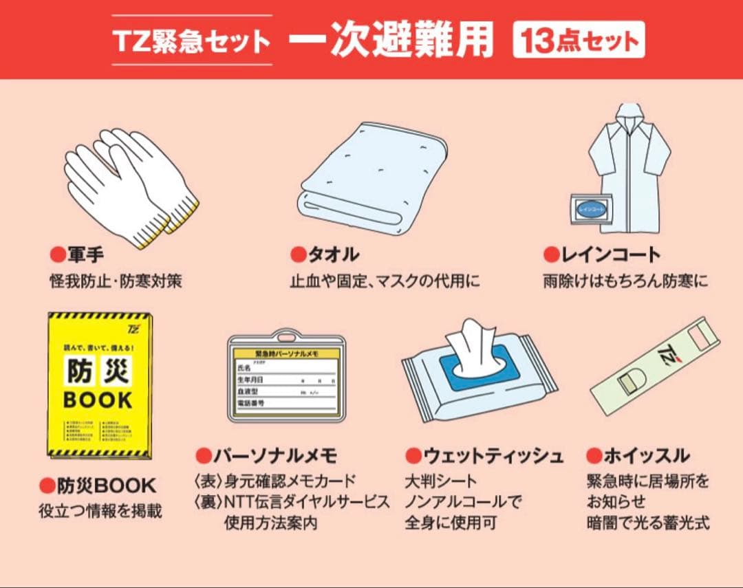 TZ緊急セット 一次避難用 13点セット　トヨタ　防災グッズ