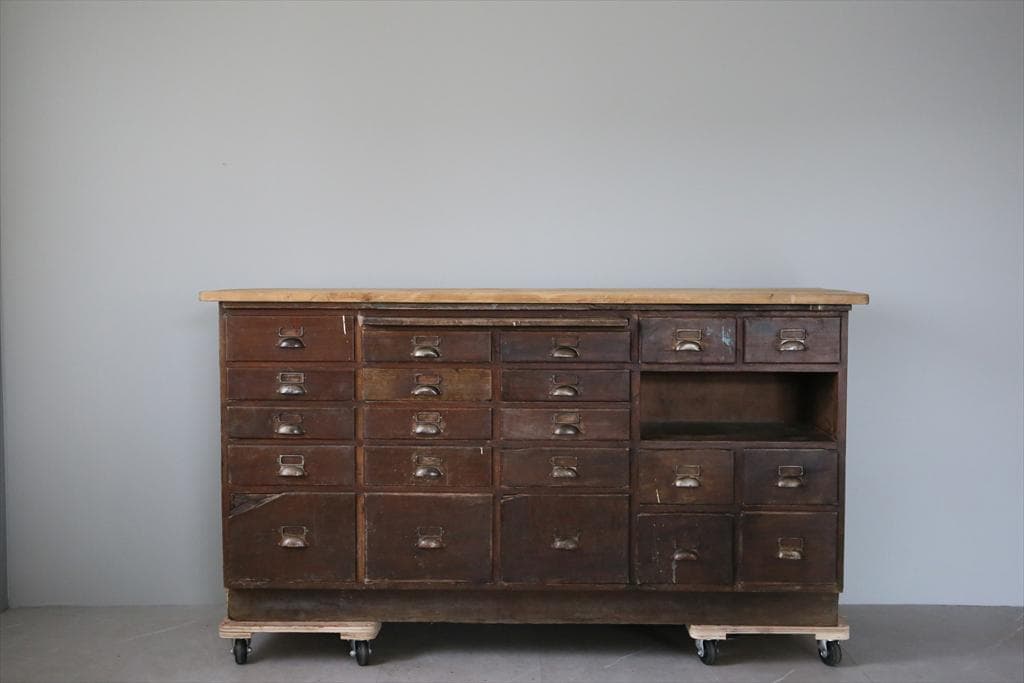 英国アンティーク21杯ドロワー付ショップカウンター/木製机テーブル(83-155