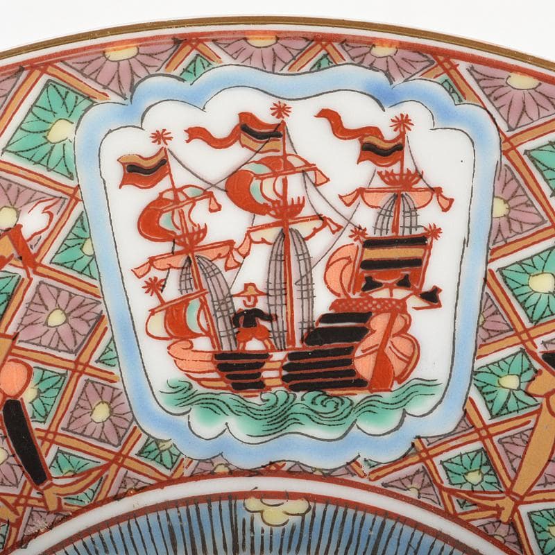 伊万里焼　古伊万里　錦手　南蛮人黒船文　飾皿　在銘　N　R6747