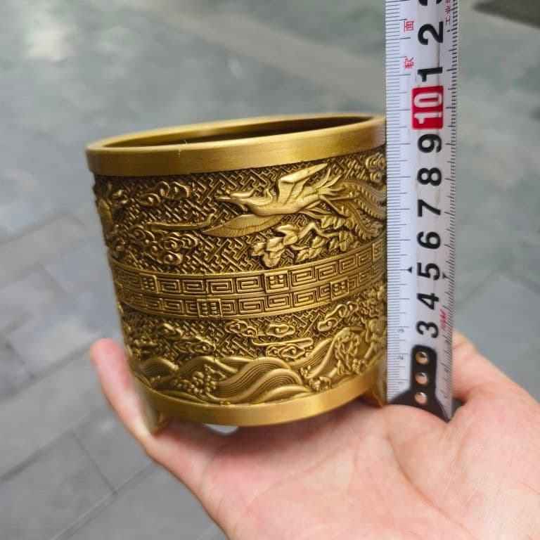 銅 細工 レリーフ三足龍鳳筆筒 筆置 筆棚 書道具 文房具工芸品美術品 置物