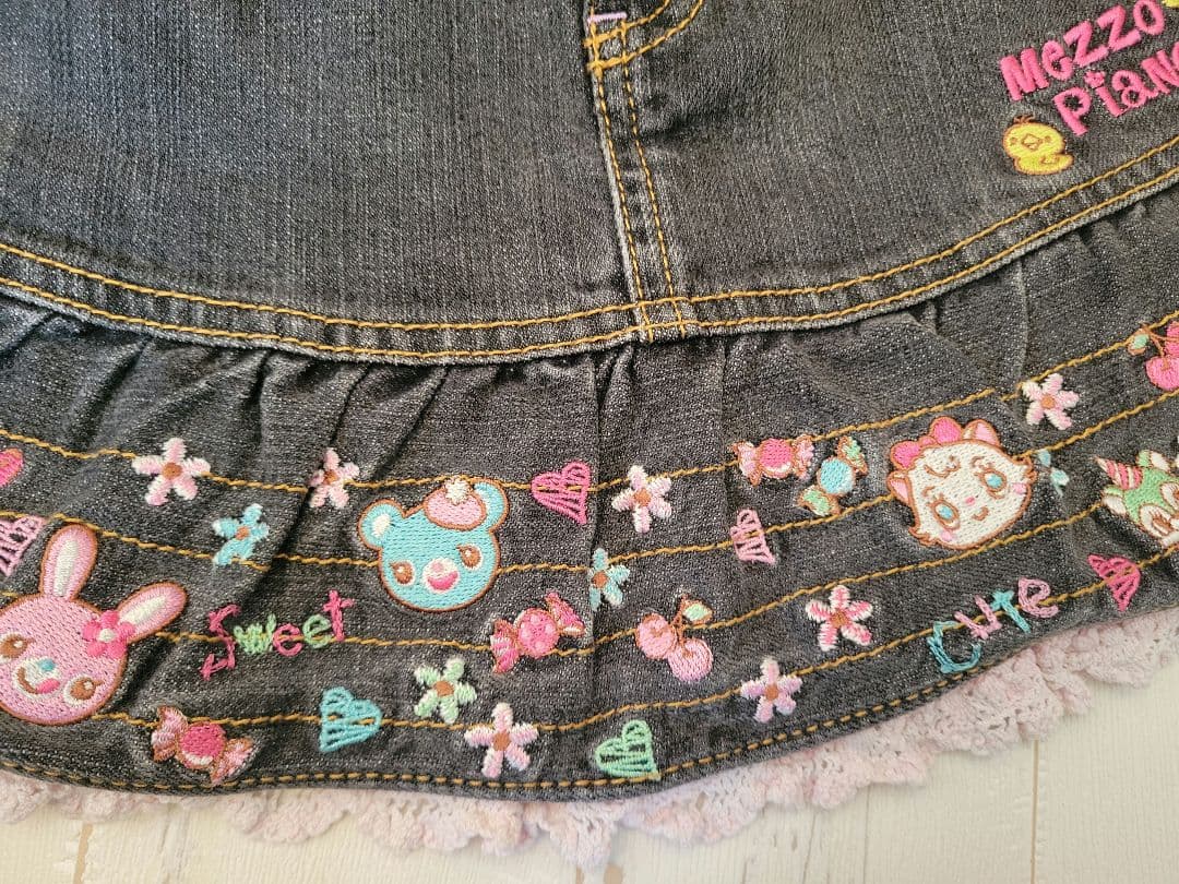 【当時物】Mezzo piano ミミポポちゃん デニムスカート刺繍 平成レトロ