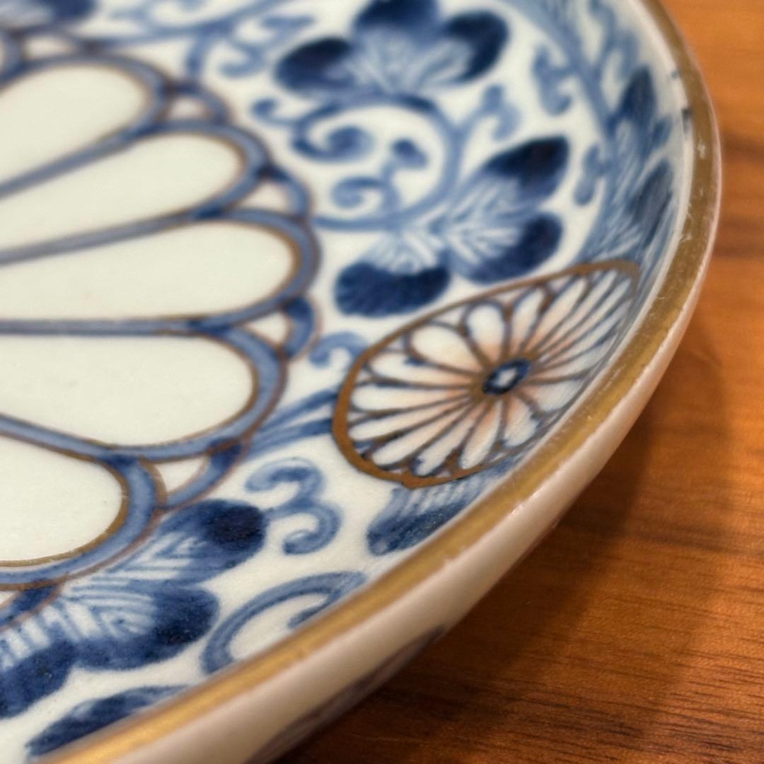 江戸時代 古伊万里染付 唐草菊図金彩皿