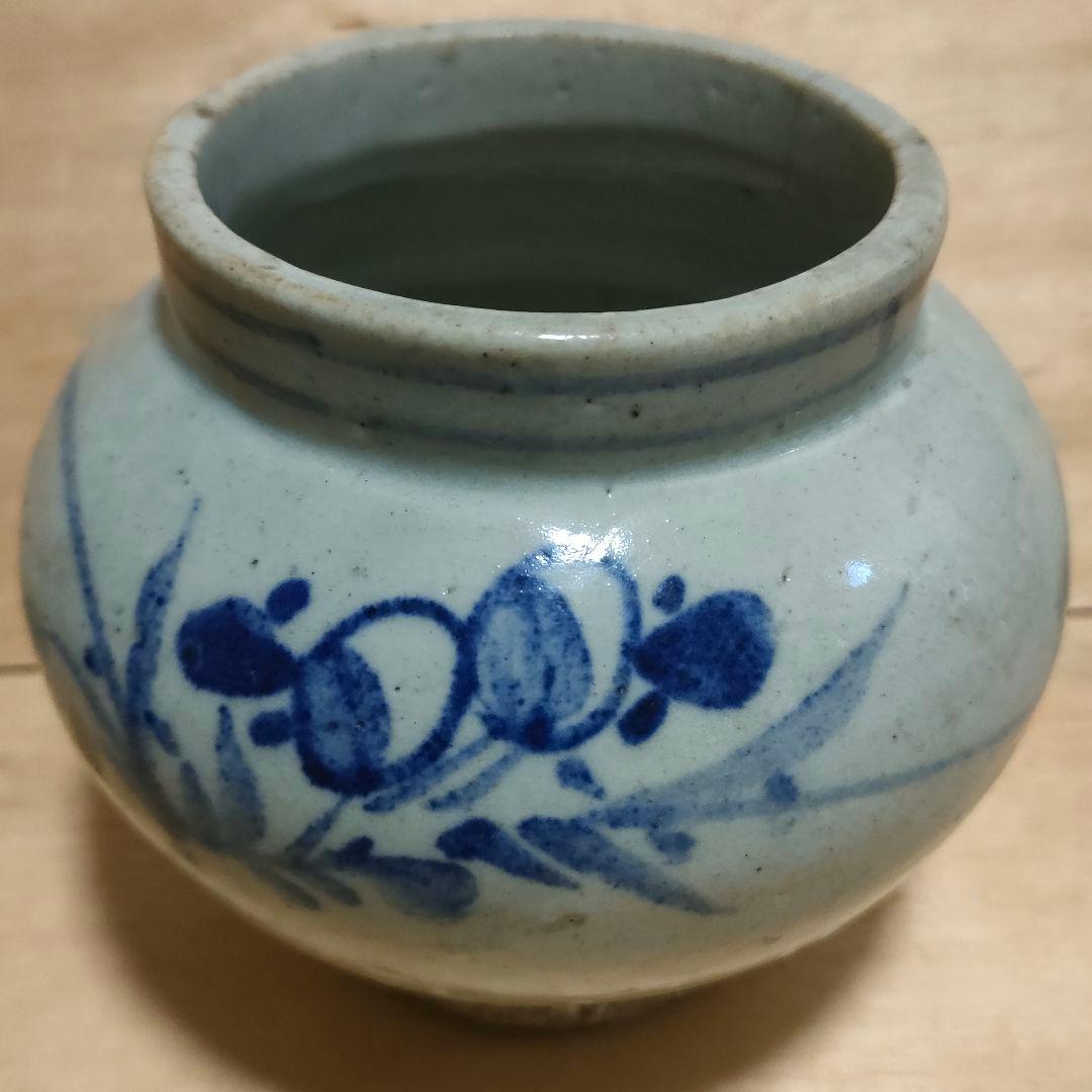 李朝染付壺　草花文　提灯壺　時代物　骨董No.162