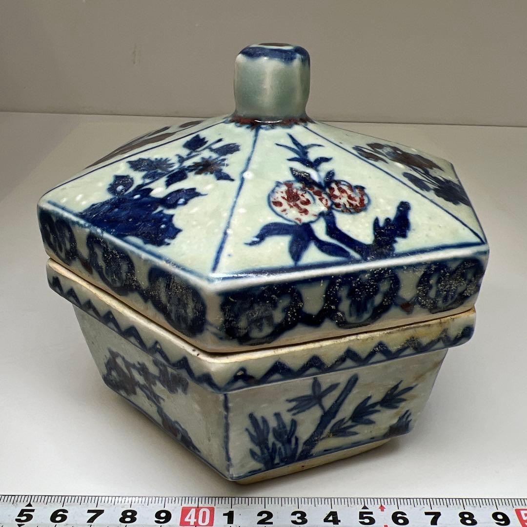 中国美術　釉裏紅六角蓋物　幅約14㎝ 東Y7-0603①