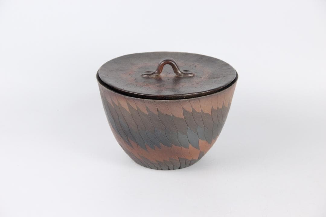 茶道具　備前　山本出作 水指　羽毛文様　春舉漆絵蓋 三越初個展出品 ES11-7