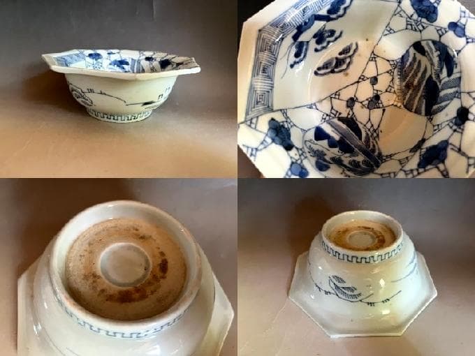 鉢■伊万里染付窓絵山水図八角形鉢 蛇の目高台 稲穂 雷紋 青華 時代物 骨董■