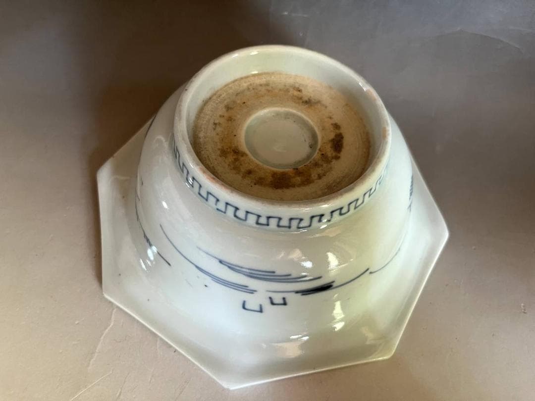 鉢■伊万里染付窓絵山水図八角形鉢 蛇の目高台 稲穂 雷紋 青華 時代物 骨董■