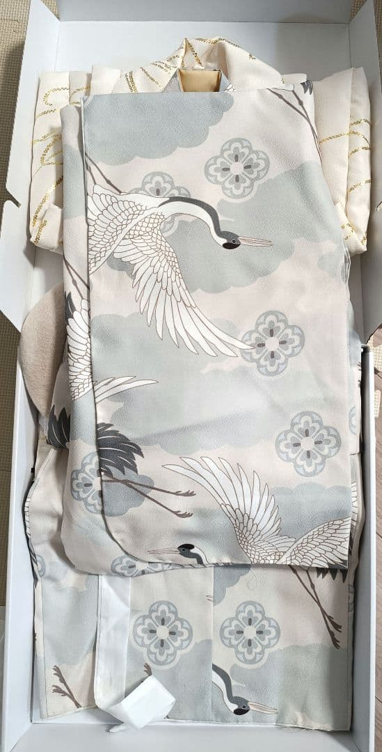 ひよこ商店 七五三 3歳 男の子 ベレー帽被布セット クリーム金彩×ミント吉祥鶴