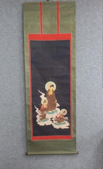 仏画阿弥陀三尊来迎図紙本掛軸 [B27749]