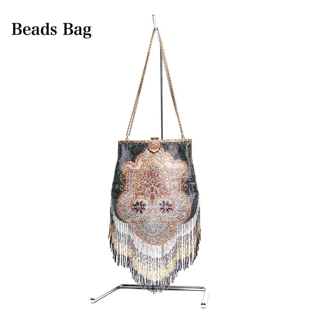 【美品】メタルビーズ刺繍 /デリカビーズ・フリンジ/ビーズバッグ/ハンドバッグ
