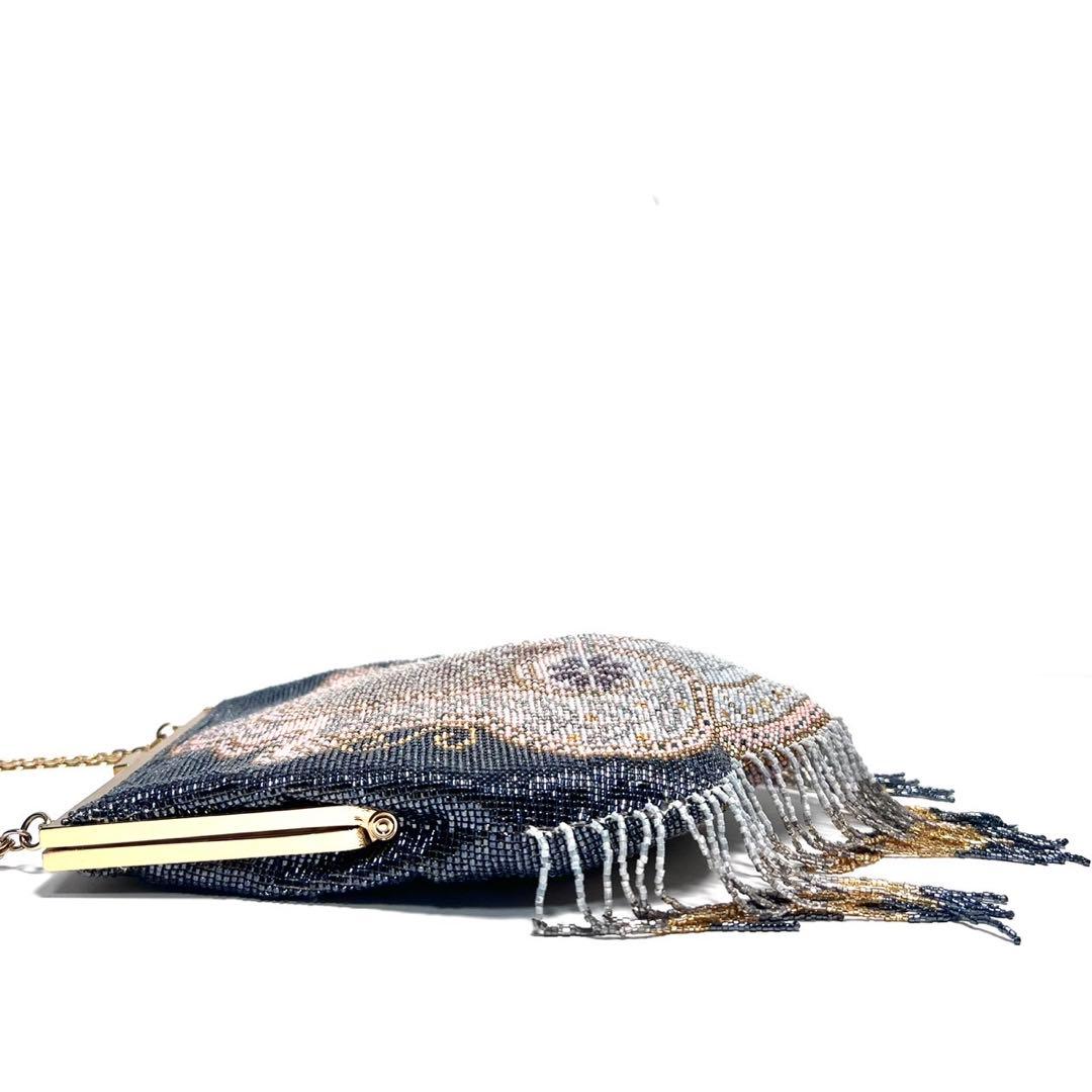 【美品】メタルビーズ刺繍 /デリカビーズ・フリンジ/ビーズバッグ/ハンドバッグ