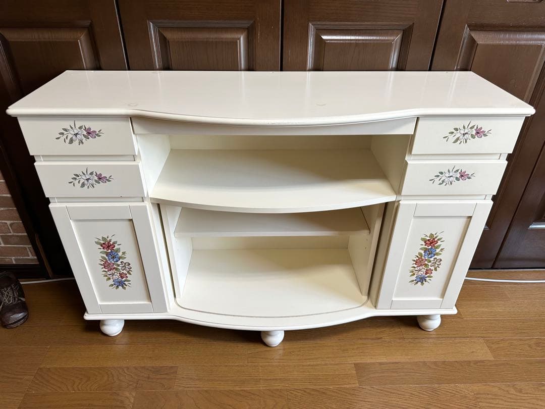 Kiyoka アンティーク　オフホワイト花柄キャビネット　チェスト