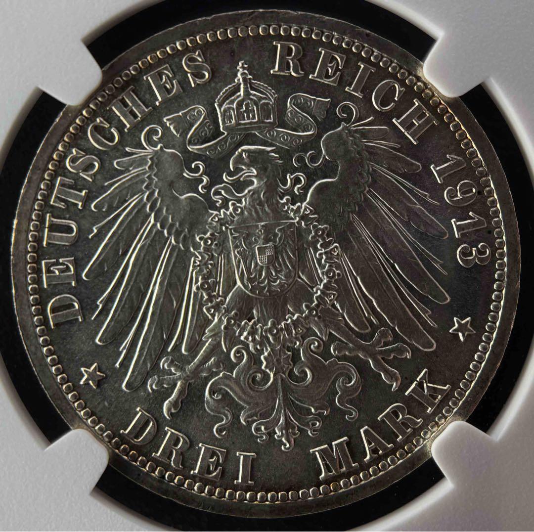1913年 ドイツ帝国 プロイセン3マルク銀貨ウィルヘルム2世 NGC MS63