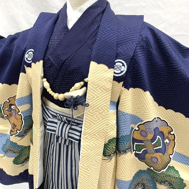 507ab42■七五三 五歳 男児 着物&羽織&袴&角帯 五つ紋 雪輪 兜■美品