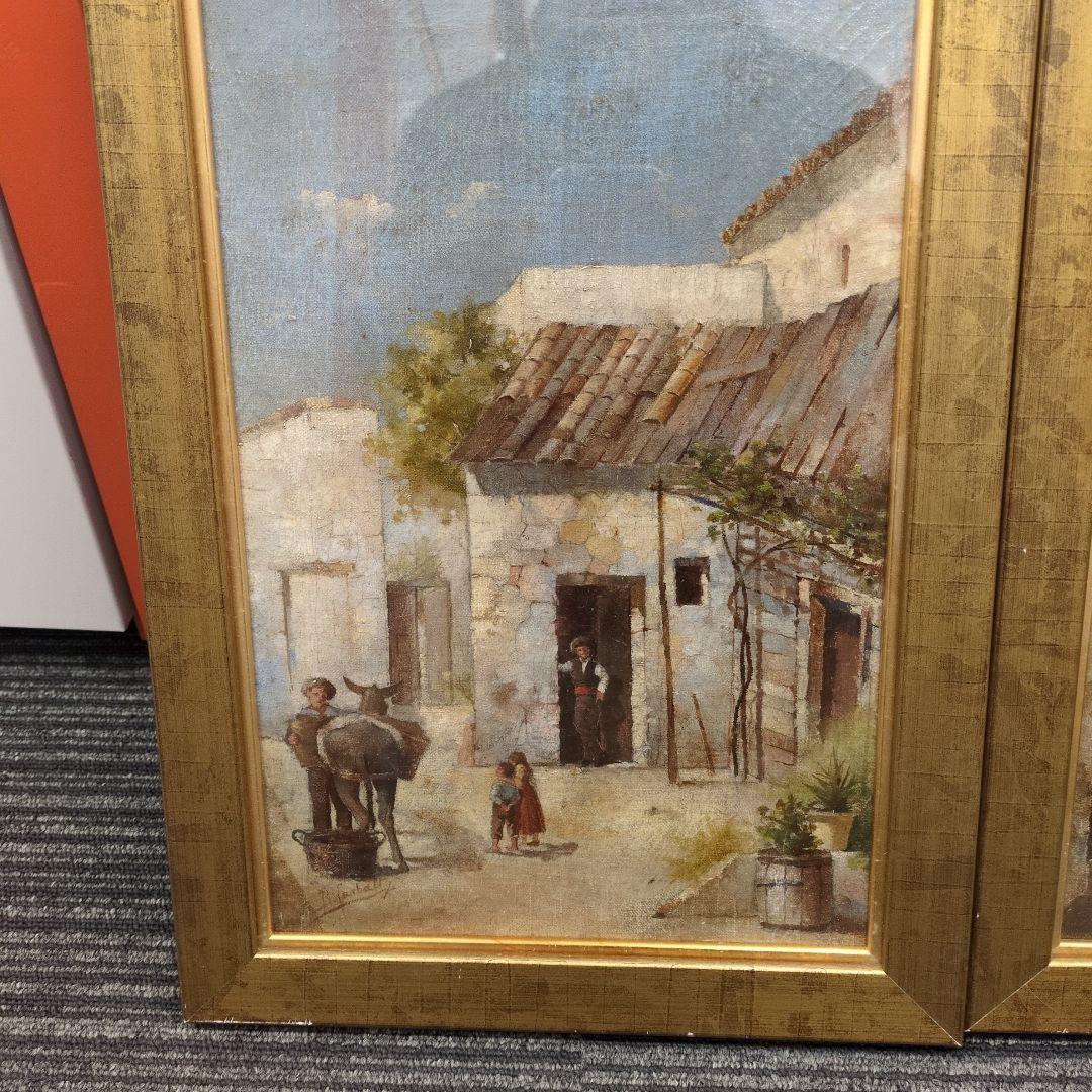 田舎の風景 油彩画 二つのパネル