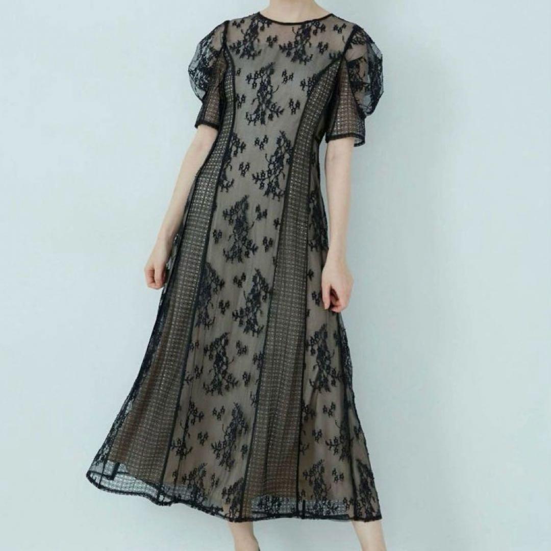 LAGUNAMOON　パネルレースワンピース　ドレス　お呼ばれ　ブラック　S