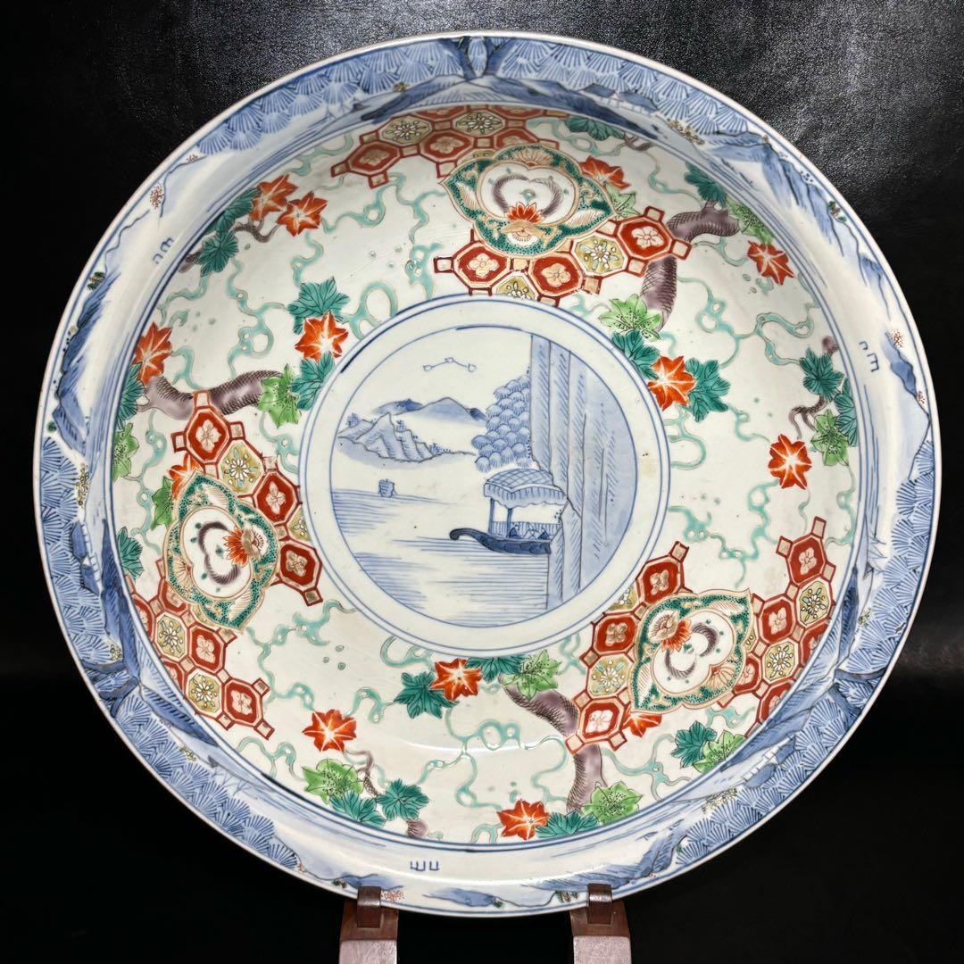★古伊万里・色絵 染付！亀甲に紅葉色絵 中央に山水 図柄 大鉢/大皿1点！★