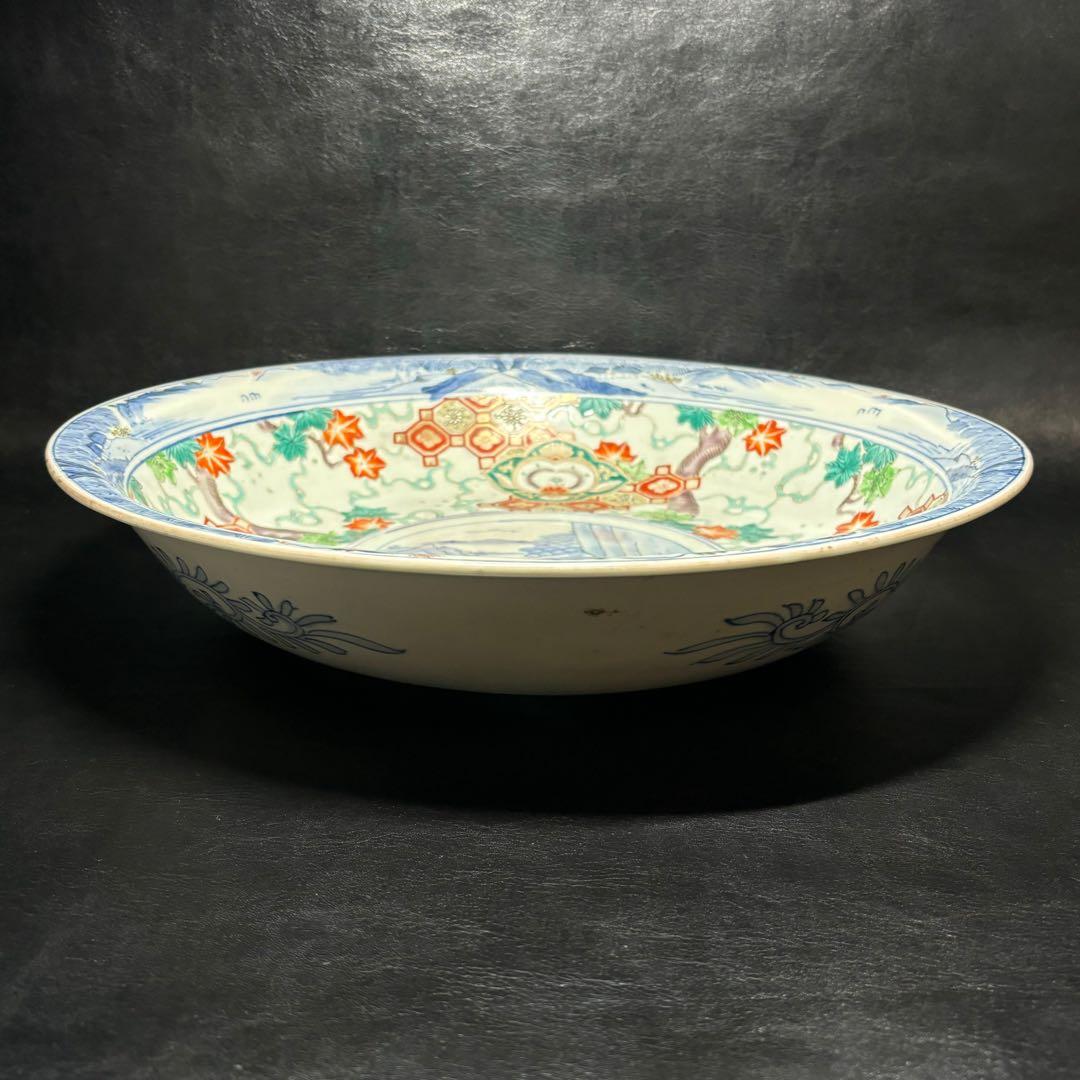 ★古伊万里・色絵 染付！亀甲に紅葉色絵 中央に山水 図柄 大鉢/大皿1点！★