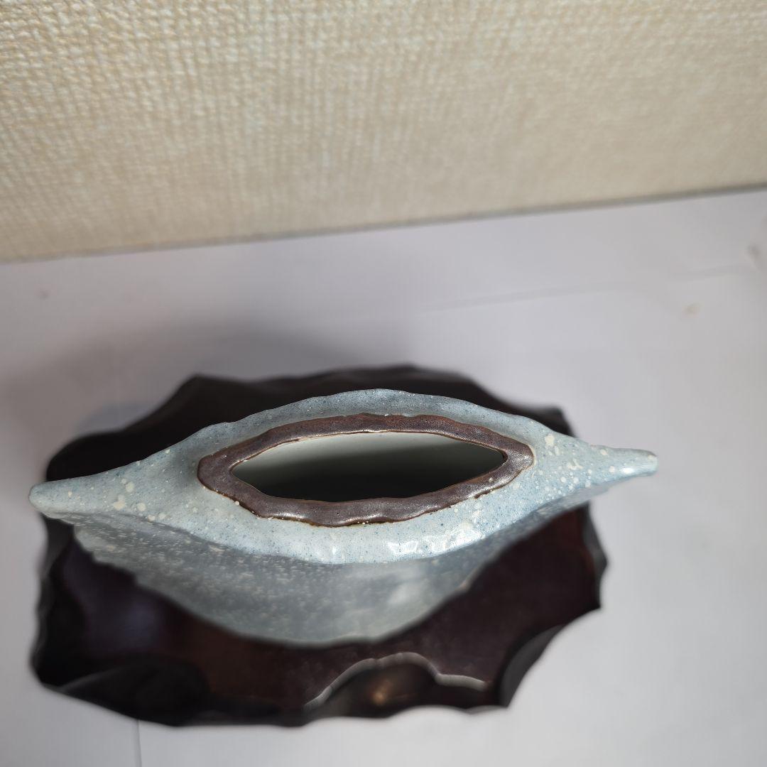 【美品】中村陶志人 九谷焼扁壷 平型雪二雀図 一輪挿し 土台付き