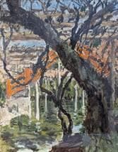 【真作】絵画　油彩8号　太鼓橋の見える庭園　力強い筆致の風景画　W100