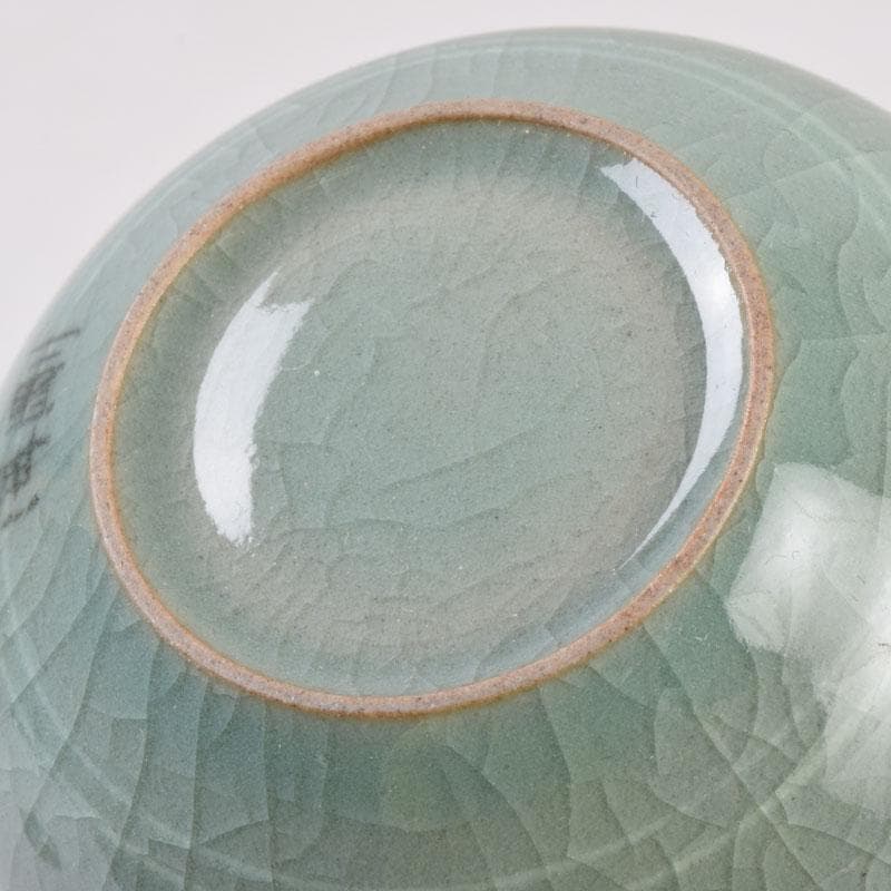 韓国人間文化財　柳海剛（柳根瀅）作　高麗青磁　象嵌鶴文　茶入　共箱　V　8407