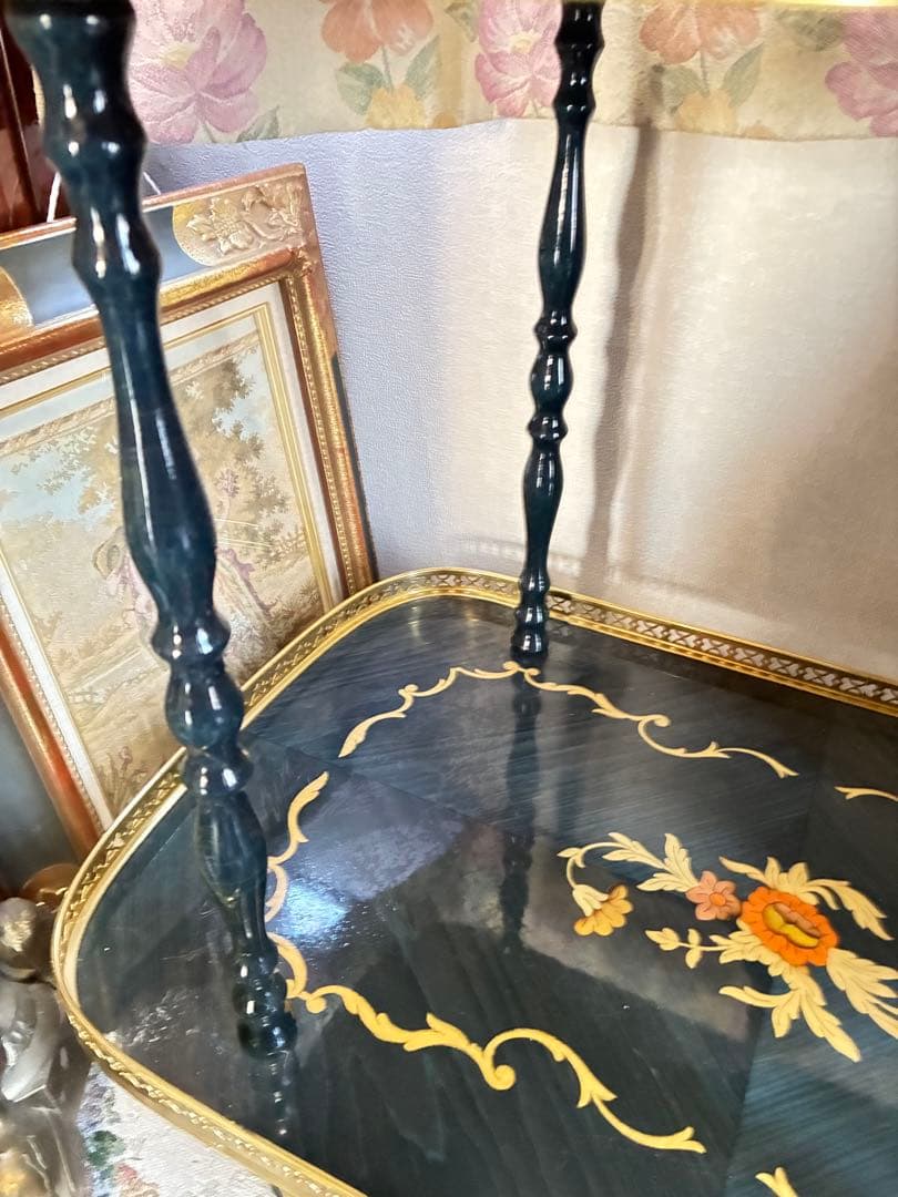 イタリア　象嵌 アンティーク風 サービングカート 黒金